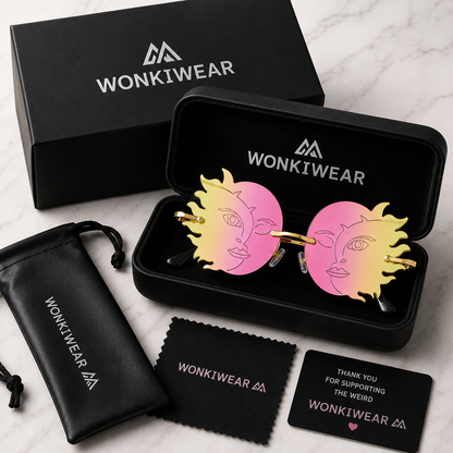 Pink and yellow sun moon festival glasses in premium WonkiWear gift box