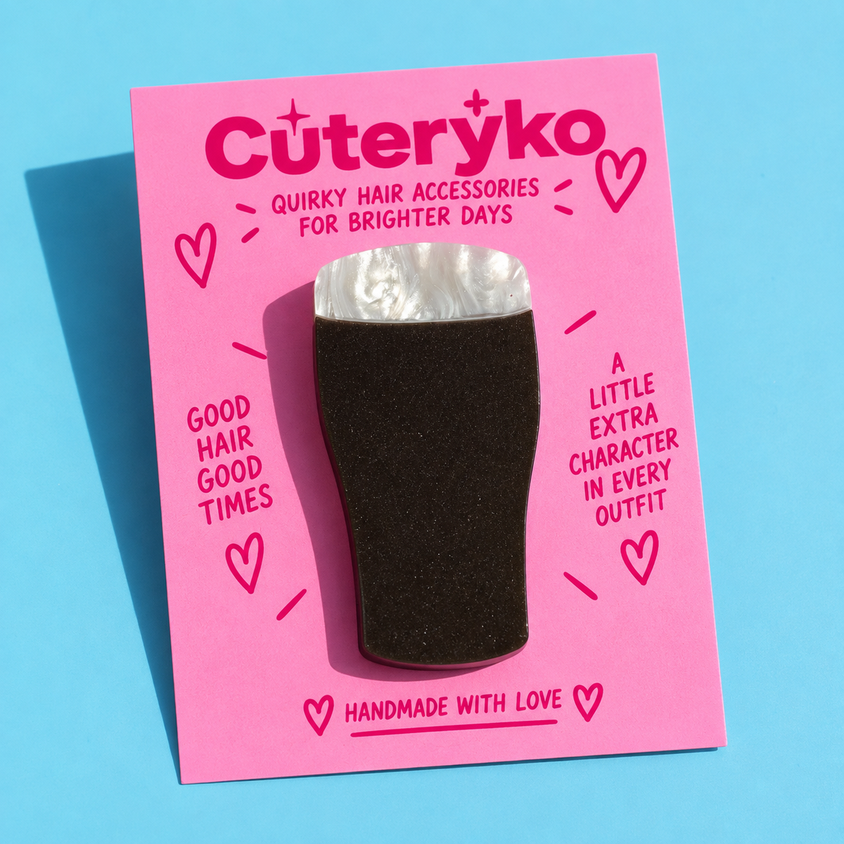 Pint of stout hair clip with dark sparkly acrylic and pearlescent foam by Cuteryko