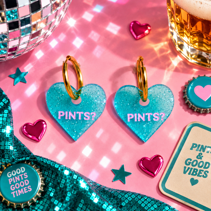 Pints? Heart Hoop Earrings with turquoise glitter hearts and pink PINTS lettering by Cuteryko