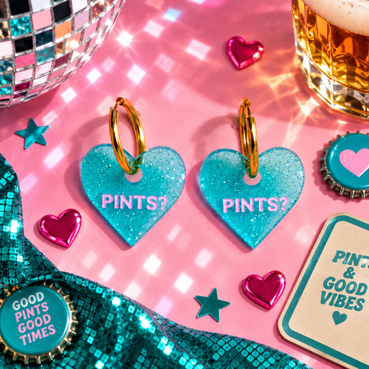 Pints? Heart Hoop Earrings with turquoise glitter hearts and pink PINTS lettering by Cuteryko