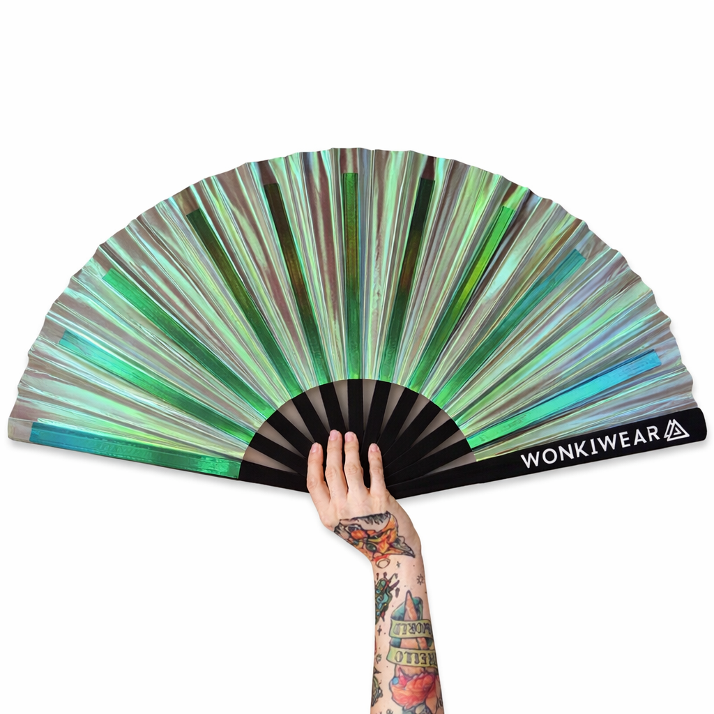 Pixie Dust iridescent rave fan XL in holographic green by WonkiWear with metallic reflective finish