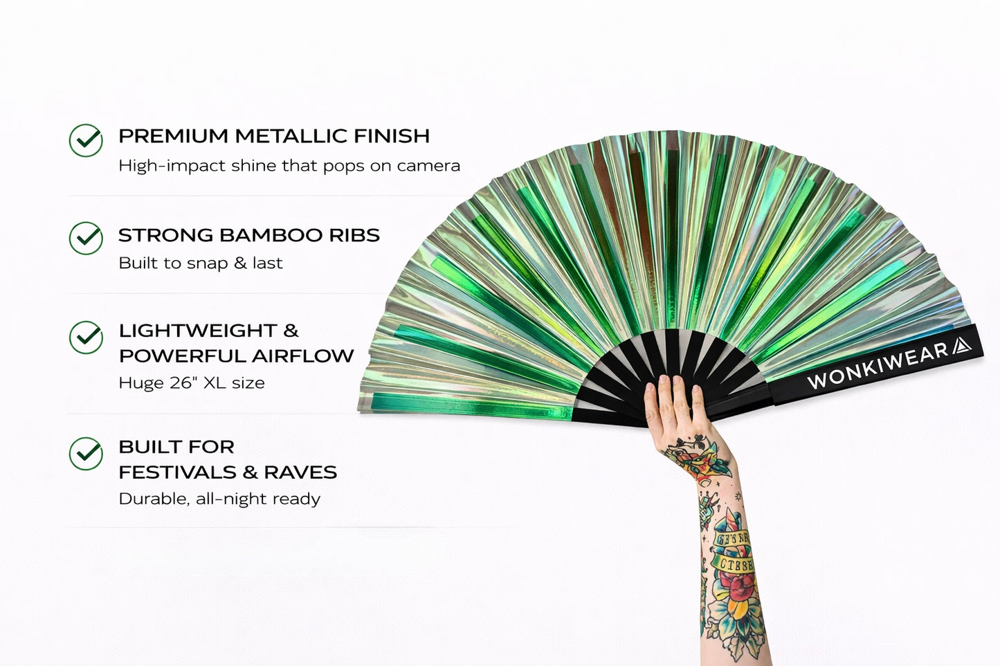 Pixie Dust iridescent rave fan features showing metallic finish bamboo ribs and powerful airflow