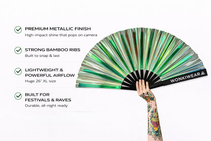 Pixie Dust iridescent rave fan features showing metallic finish bamboo ribs and powerful airflow