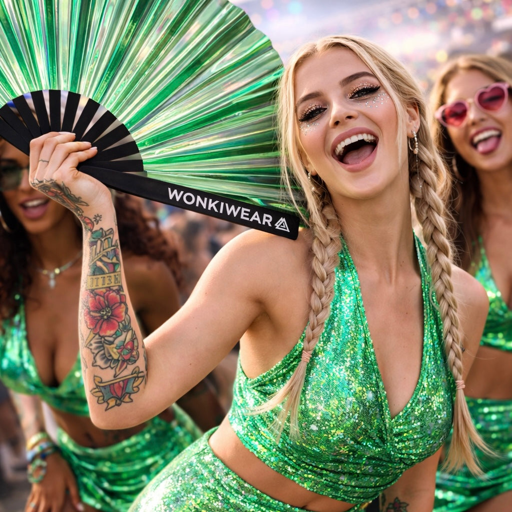 Festival girls holding Pixie Dust green iridescent rave fan with holographic shine in crowd