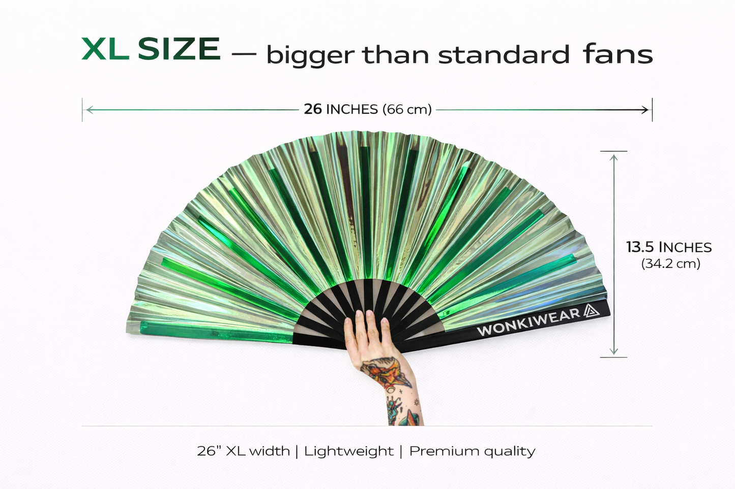 Pixie Dust XL rave fan size 26 inches open green holographic festival fan dimensions