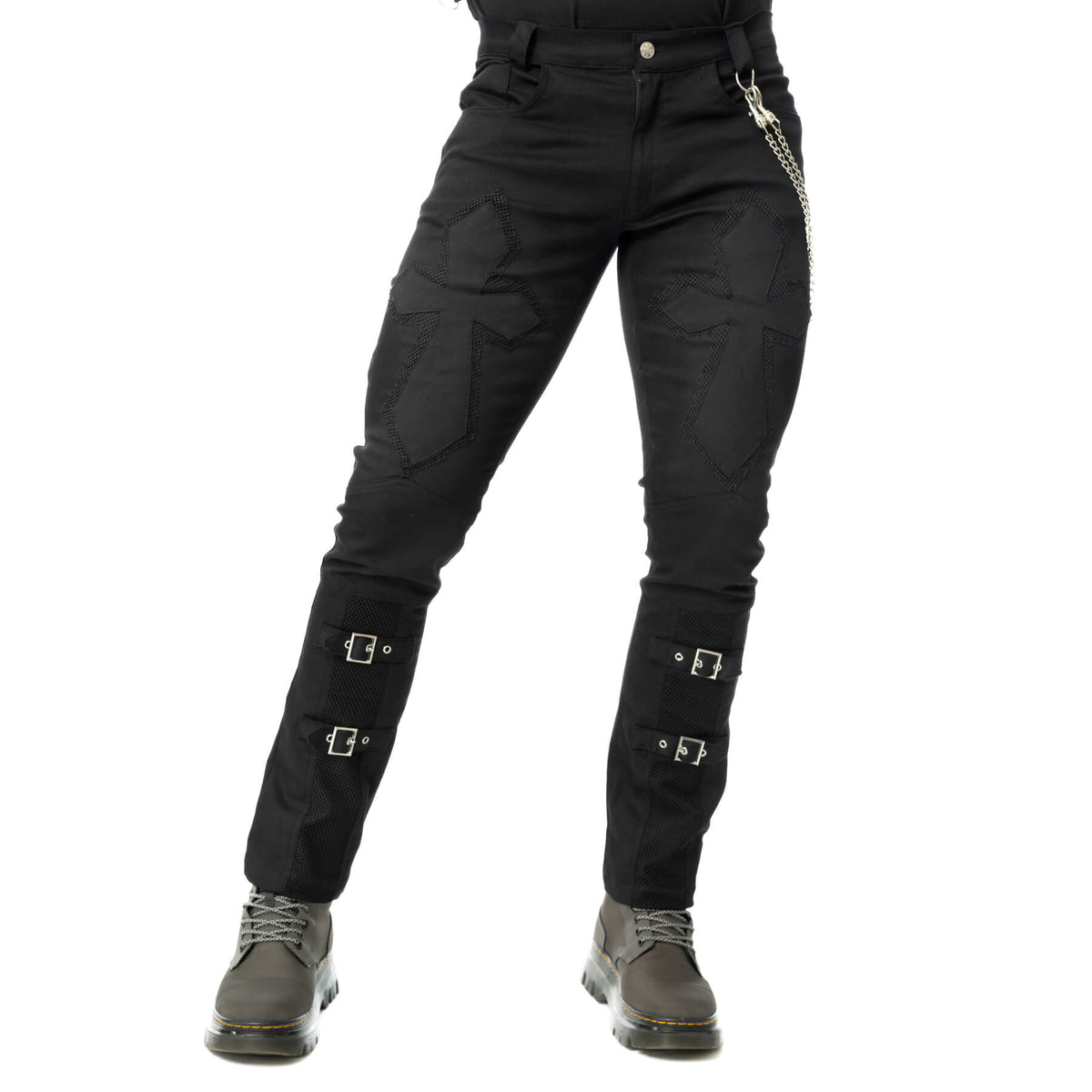 Front view of black Poizen Industries Sanctified Sins trousers with cross detailing and buckle straps