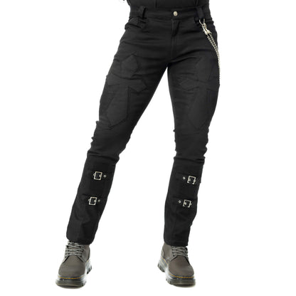 Front view of black Poizen Industries Sanctified Sins trousers with cross detailing and buckle straps