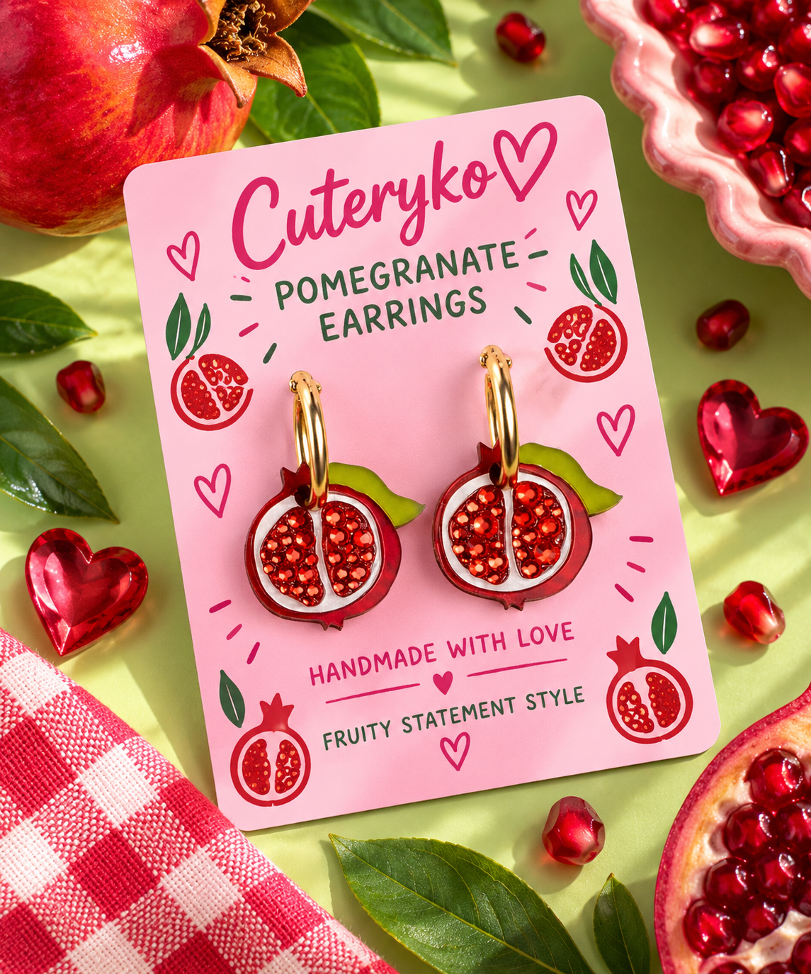 Pomegranate hoop earrings with red fruit charms, seed detailing and green leaves by Cuteryko