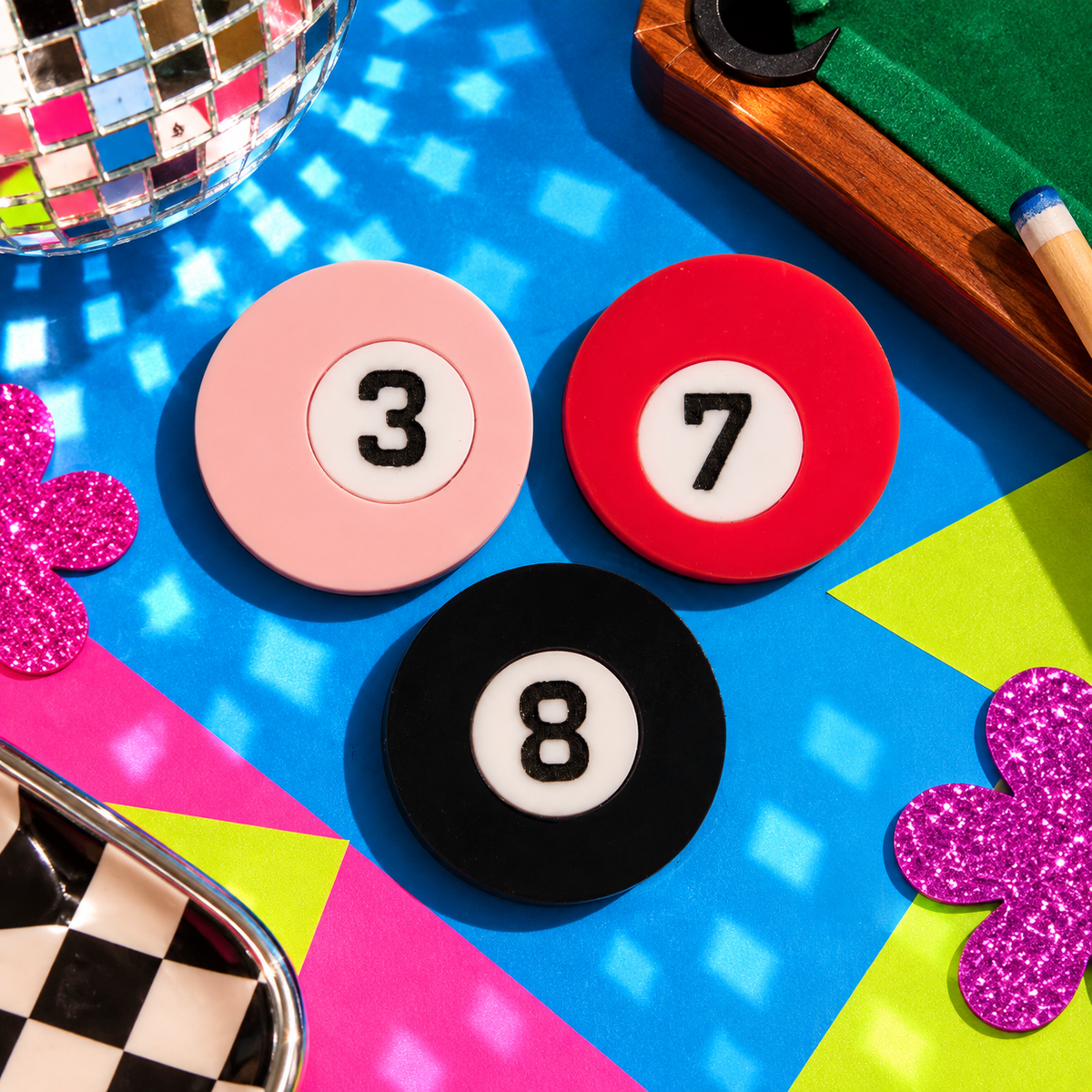 Set of three pool ball hair clips featuring pink 3, red 7 and black 8 balls by Cuteryko