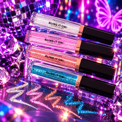 Profusion Bling It On liquid glitter eyeliners in pink, silver, rose gold and blue glitter styled in a colourful neon rave setting