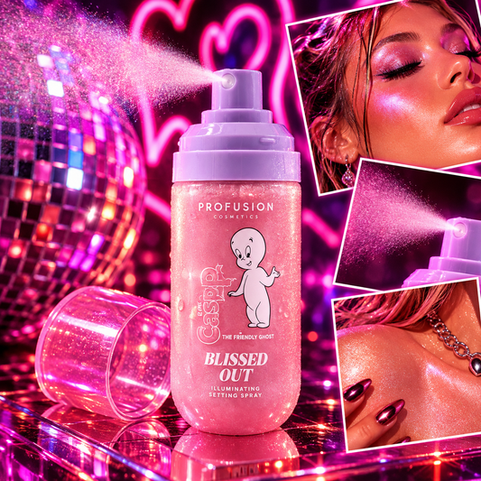 Profusion Blissed Out Illuminating Setting Spray styled with neon lights, disco reflections and glowing rave makeup