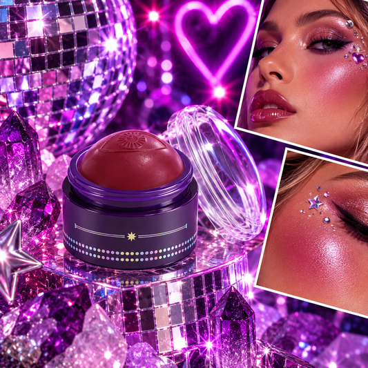 Profusion Blush Alchemy Cheek Balm in Mystical plum shade styled with purple neon lighting and alternative rave makeup