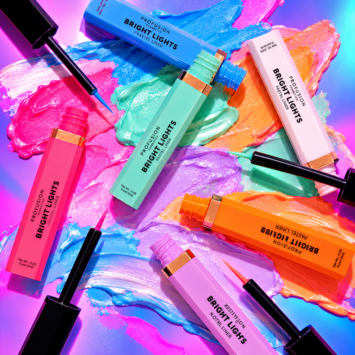 Profusion Bright Lights Pastel Eyeliners in vibrant pink, mint, lavender, blue and orange packaging surrounded by colourful makeup swatches.