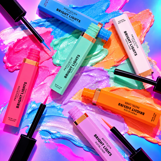 Profusion Bright Lights Pastel Eyeliners in vibrant pink, mint, lavender, blue and orange packaging surrounded by colourful makeup swatches.
