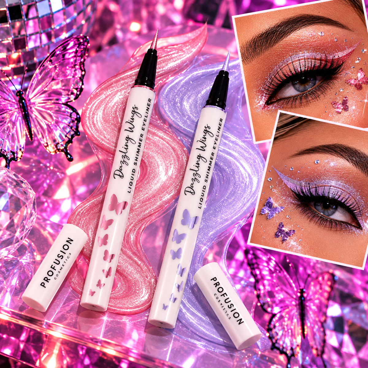 Profusion Dazzling Wings Just Wing It liquid shimmer eyeliner in pink and lilac styled for rave and festival makeup