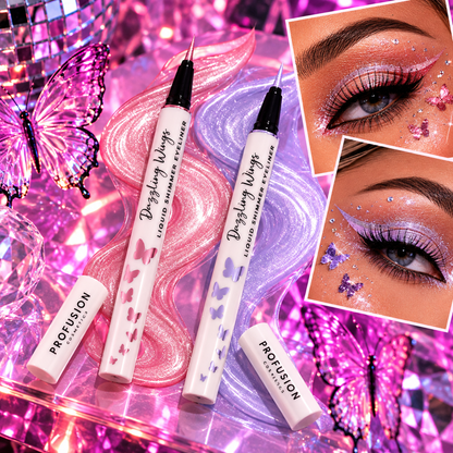 Profusion Dazzling Wings Just Wing It liquid shimmer eyeliner in pink and lilac styled for rave and festival makeup