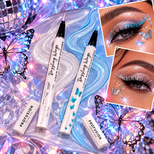 Profusion Dazzling Wings Take Flight liquid shimmer eyeliner in icy white and blue styled for rave makeup