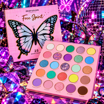 Profusion Empowered Butterfly Free Spirit 25-shade eyeshadow palette with colourful matte and shimmer shades in a neon rave setting