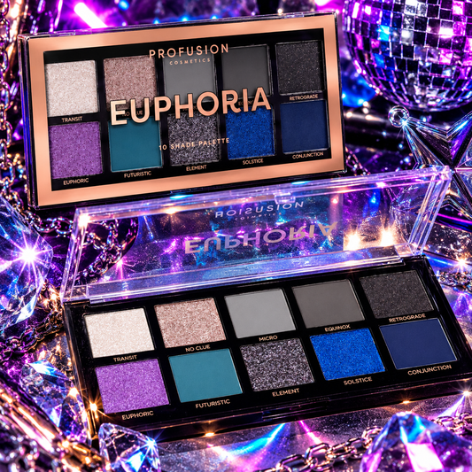 Profusion Euphoria 10-shade eyeshadow palette with blue, purple, turquoise, silver and grey matte and shimmer shades in a neon rave setting