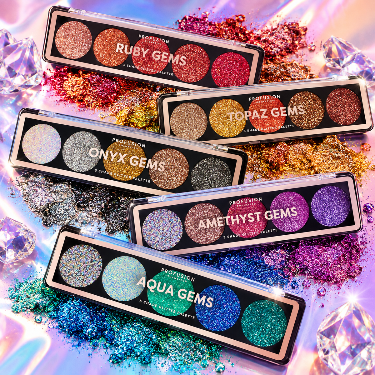 Profusion Glitter Gems five-shade glitter palettes in Ruby, Topaz, Onyx, Amethyst, Emerald and Aqua colourways