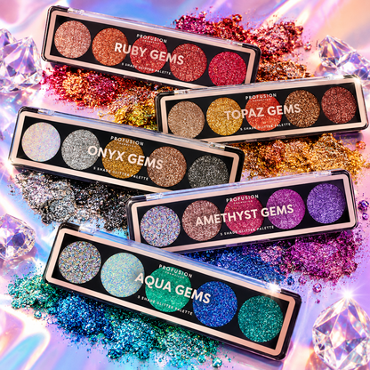 Profusion Glitter Gems five-shade glitter palettes in Ruby, Topaz, Onyx, Amethyst, Emerald and Aqua colourways