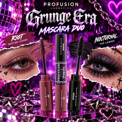 Profusion Grunge Era Mascara Duo with Nocturnal top lash and Riot bottom lash mascara styled for gothic rave makeup
