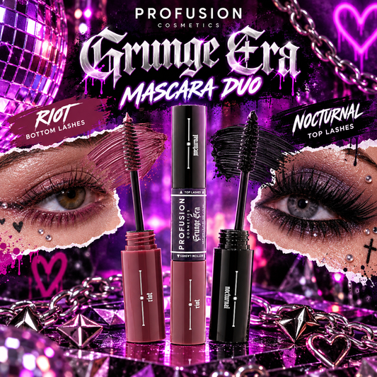 Profusion Grunge Era Mascara Duo with Nocturnal top lash and Riot bottom lash mascara styled for gothic rave makeup
