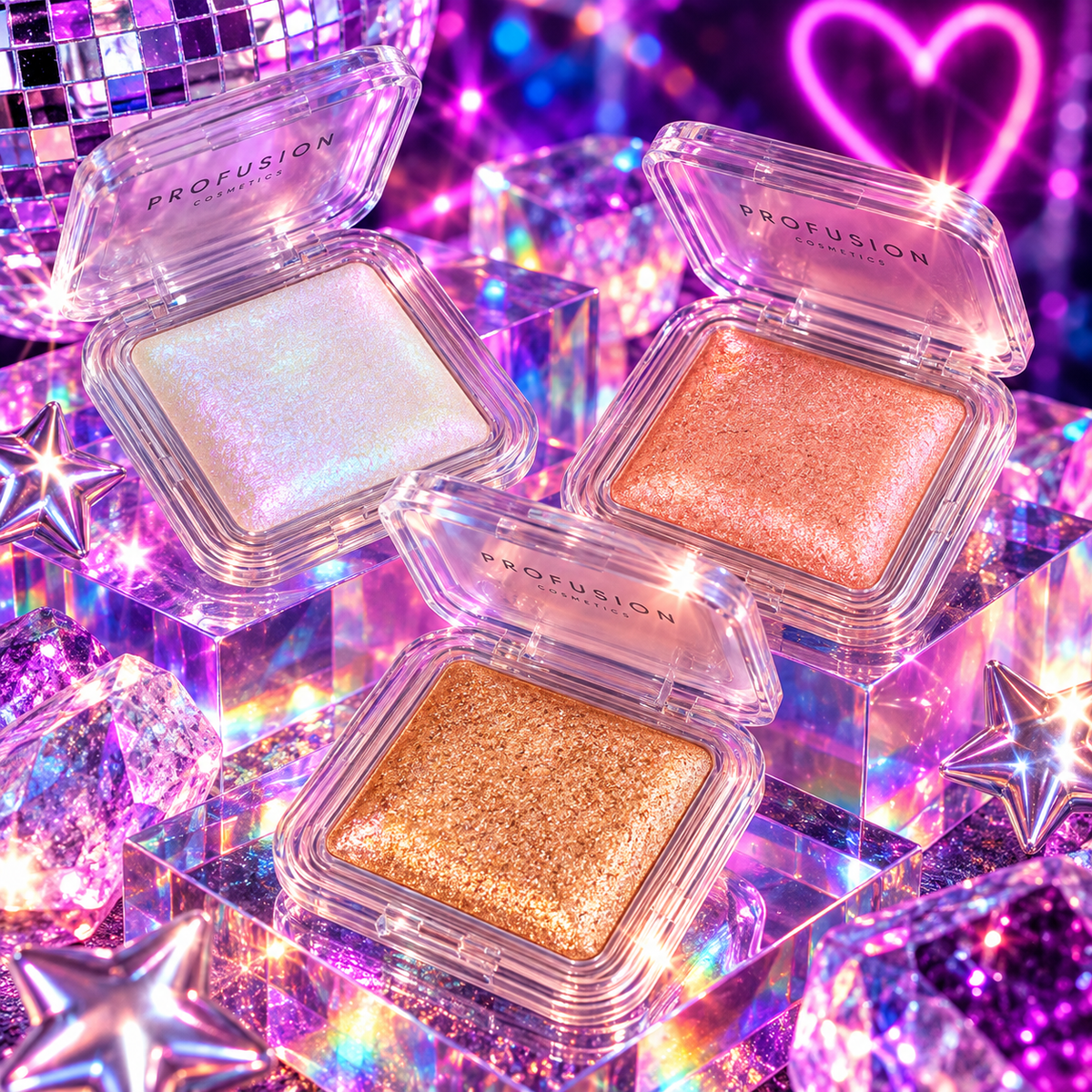 Profusion Holo Beam Holographic Highlighter in colour-shifting shades styled with holographic neon lighting for rave makeup