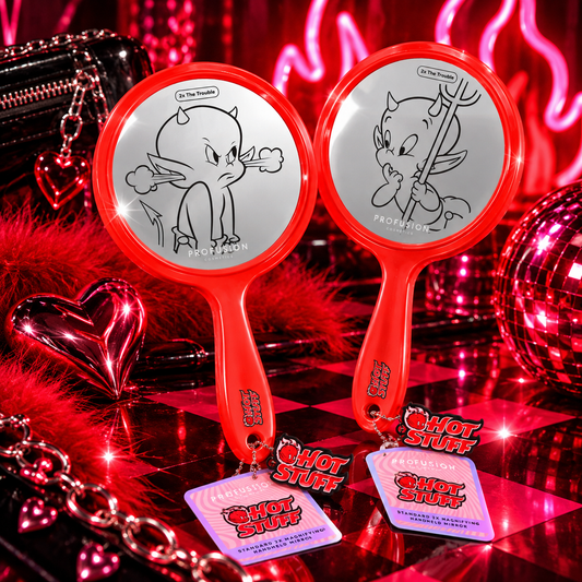 Profusion Hot Stuff The Little Devil red handheld mirror with devil artwork and charm styled as a rave and festival accessory