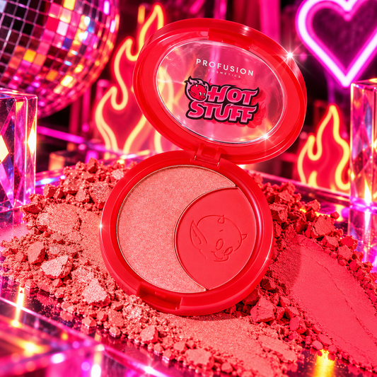 Profusion Hot Stuff Turn Up The Heat Soft Matte and Shimmer Blush Duo in a red compact styled with neon rave lighting