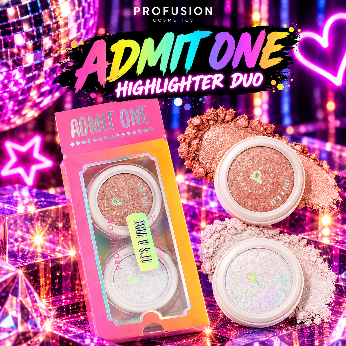 Profusion It’s A Vibe Admit One Highlighter Duo with two shimmering shades styled for colourful festival and rave makeup
