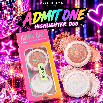 Profusion It’s A Vibe Admit One Highlighter Duo with two shimmering shades styled for colourful festival and rave makeup