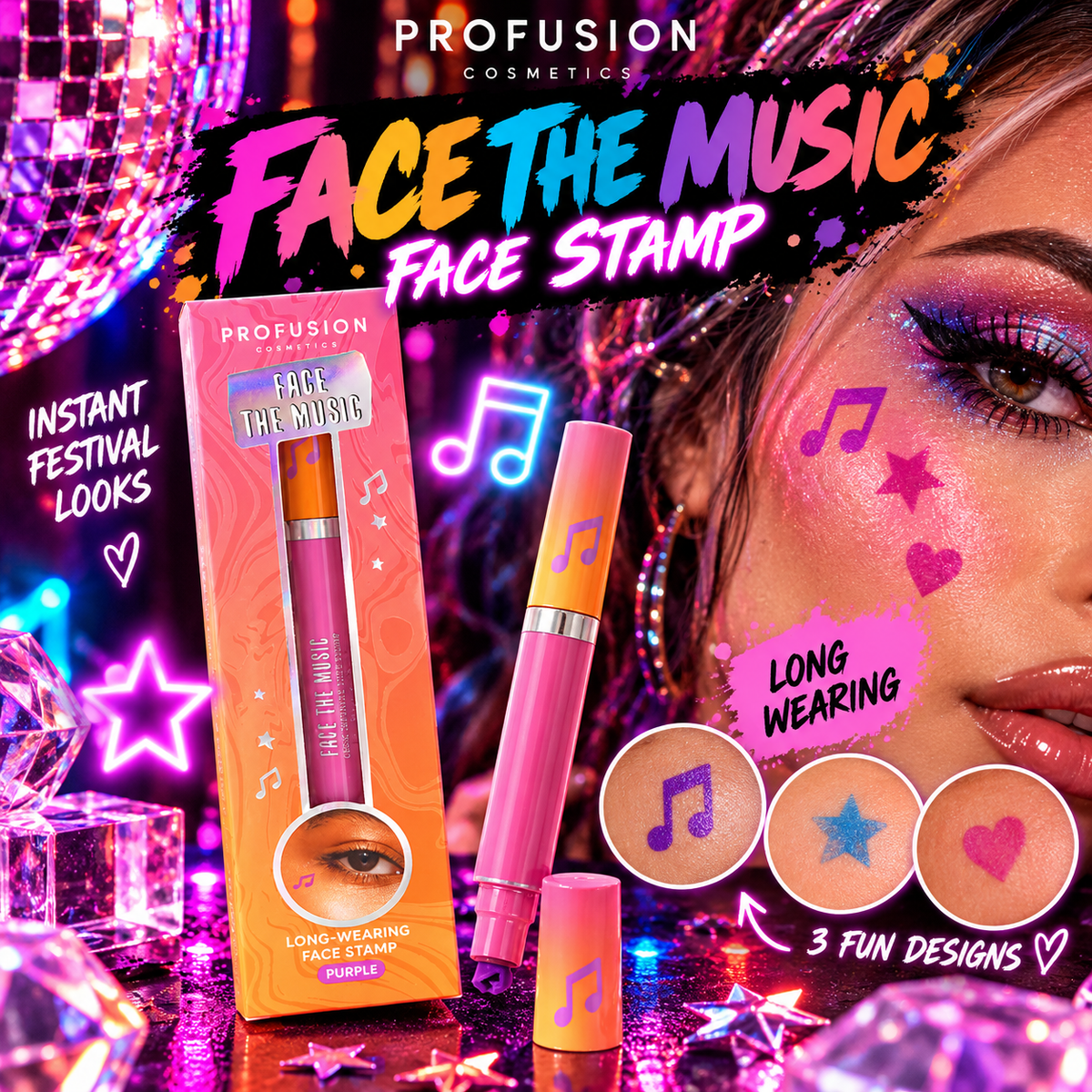 Profusion It’s A Vibe Face The Music Face Stamp in purple music note, blue star and pink heart designs for festival and rave makeup