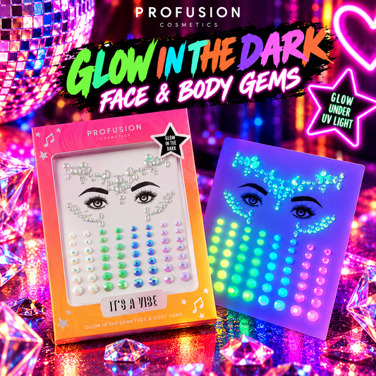 Profusion It’s A Vibe Glow In The Dark Face and Body Gems with colourful iridescent gems for rave and festival makeup