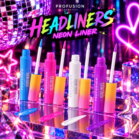Profusion It’s A Vibe Headliners Neon Liner in blue, pink, white and purple styled with colourful neon rave makeup