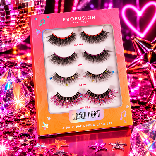 Profusion It’s A Vibe Lash Fest four pair faux mink lashes in Rockin, Emo, Boho and Electric styles for festival makeup