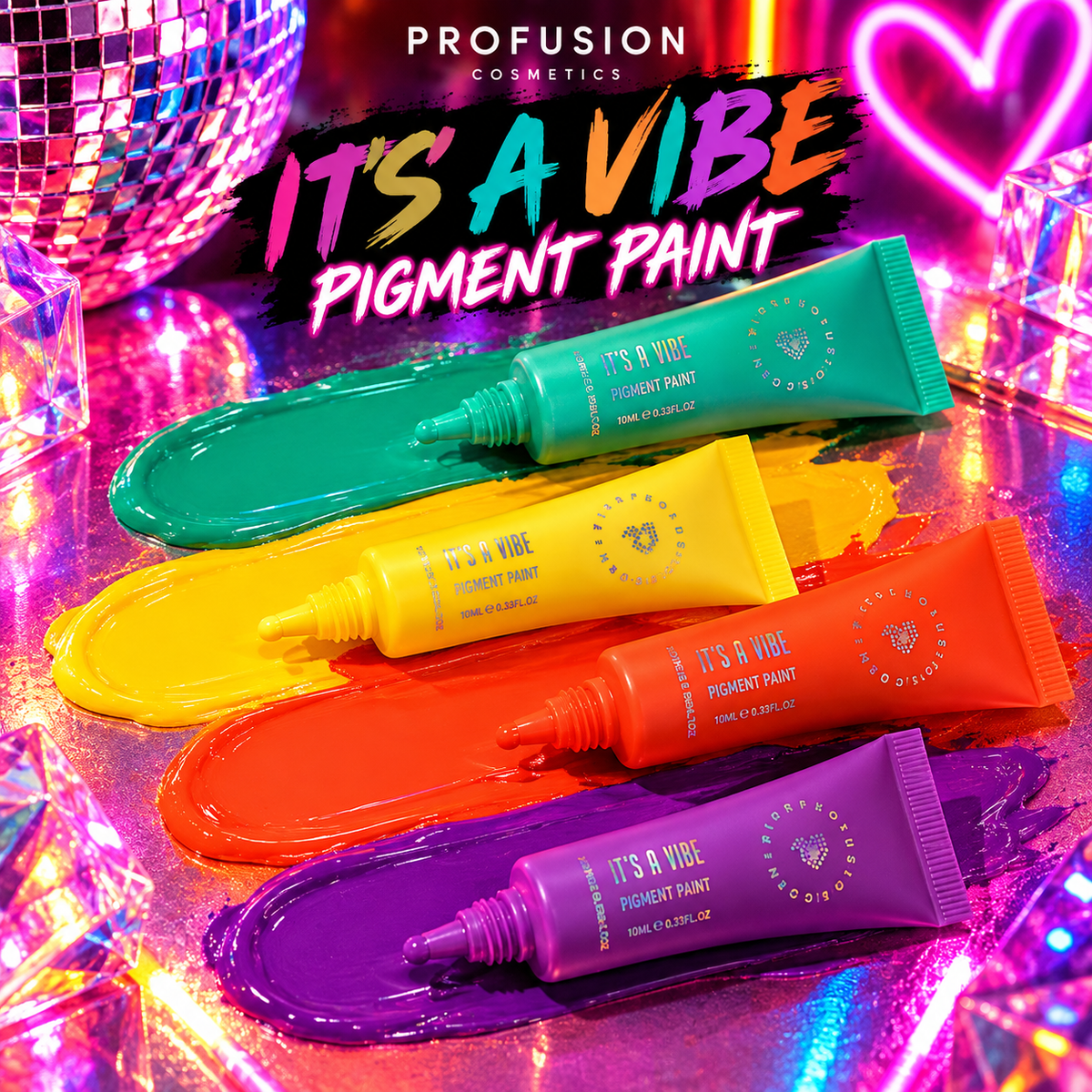 Profusion It’s A Vibe Long-Wearing Pigment Paint in vibrant teal, yellow, orange and purple shades for festival face and body art