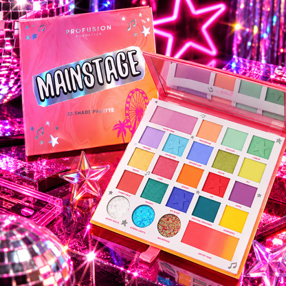 Profusion It’s A Vibe Mainstage 23 Shade Palette featuring colourful pastel, bright and shimmer eyeshadows styled for festival makeup