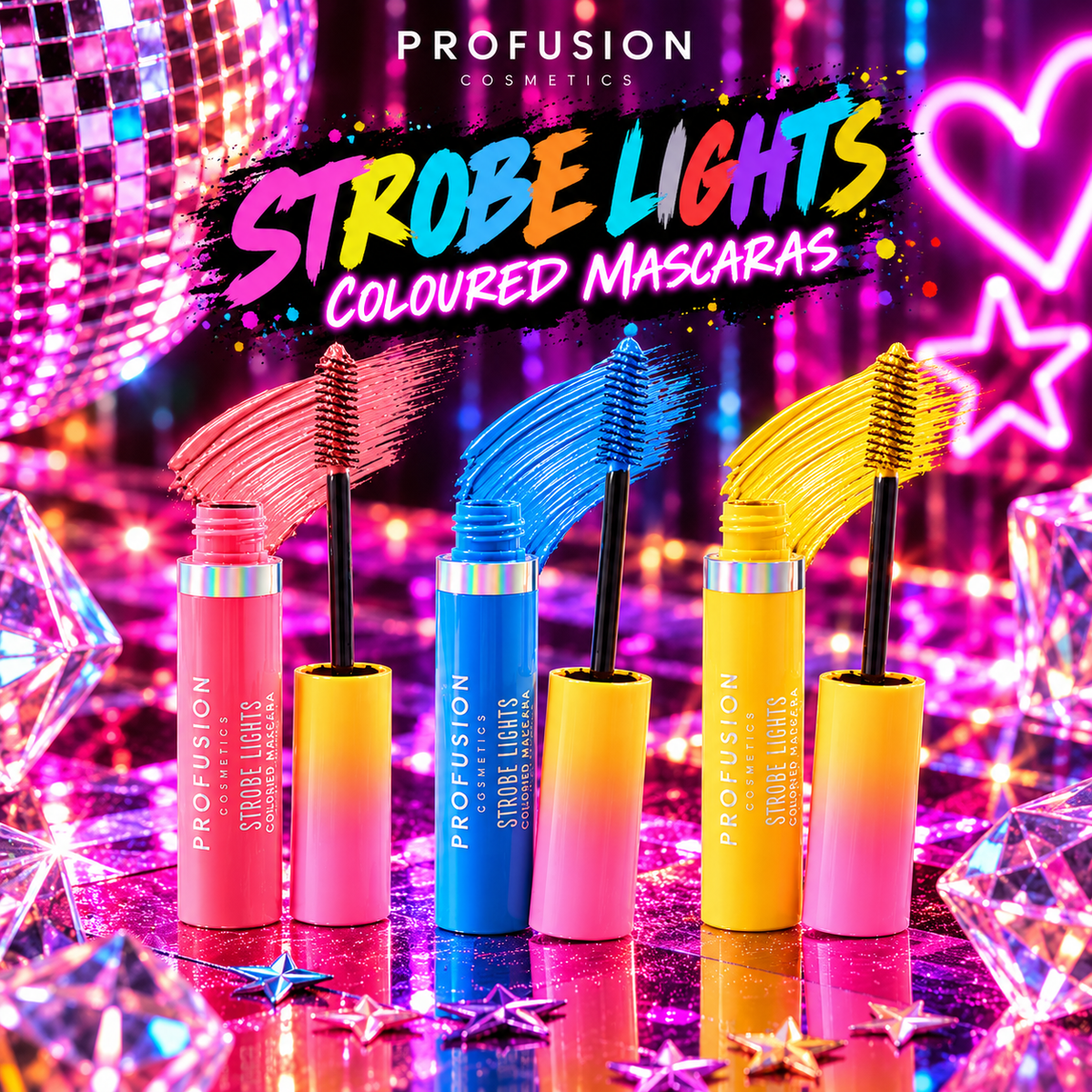 Profusion It’s A Vibe Strobe Lights coloured mascaras in yellow, blue and coral for colourful festival and rave makeup