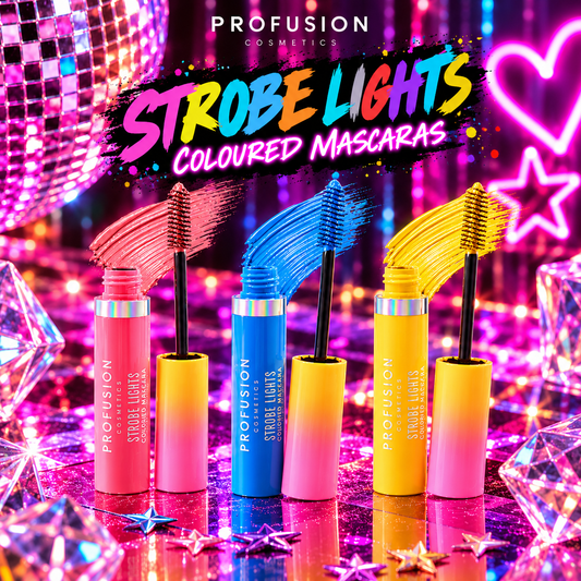 Profusion It’s A Vibe Strobe Lights coloured mascaras in yellow, blue and coral for colourful festival and rave makeup