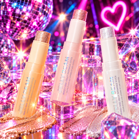 Profusion Jelly Beam Jelly Shimmer Stick in shimmering shades styled with glitter and neon lighting for rave and festival makeup