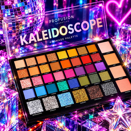 Profusion Kaleidoscope 42 Shade Eyes and Face Palette featuring vibrant pink, blue, green, purple and glitter shades styled for rave makeup