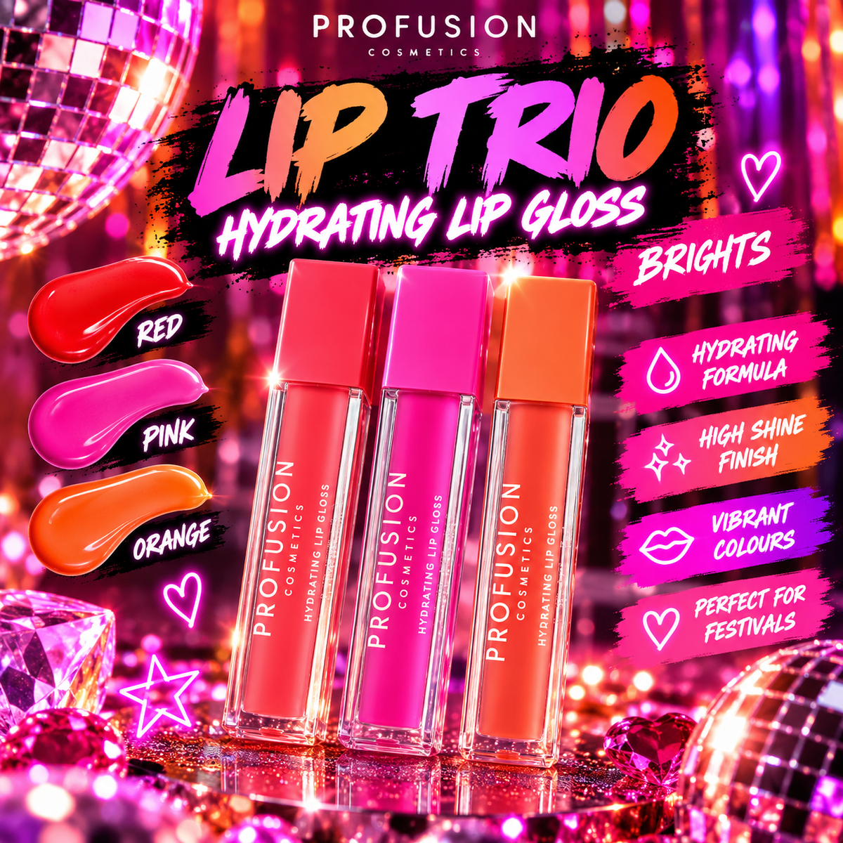 Profusion Lip Trio High Shine Lip Gloss Brights in three vibrant shades styled for colourful festival and rave makeup