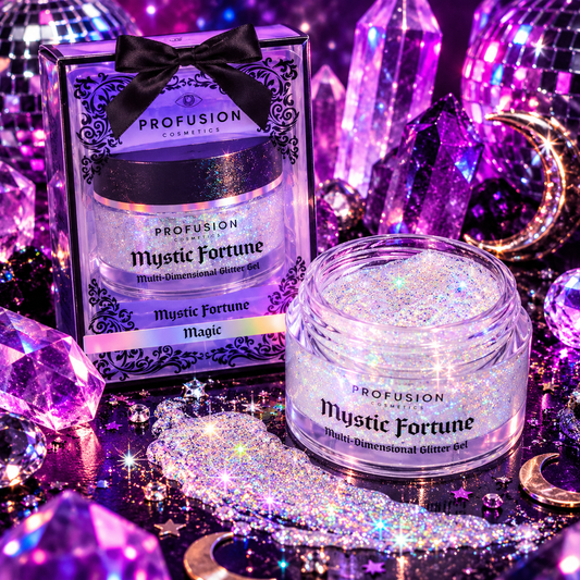 Profusion Mystic Fortune Magic multi-dimensional glitter gel in iridescent glitter, styled with crystals and neon rave lighting