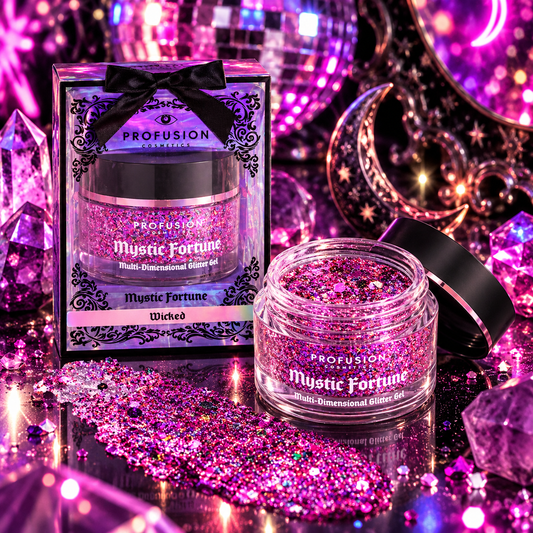 Profusion Rituals Mystic Fortune Glitter Gel in Wicked pink multidimensional glitter styled for rave and festival makeup