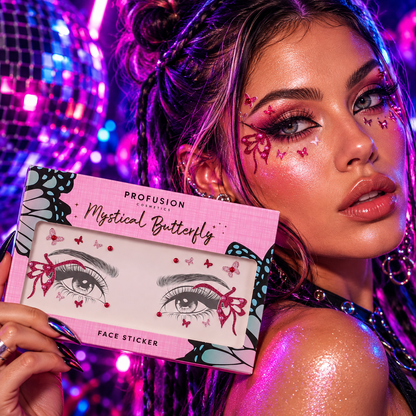 Profusion Mystical Butterfly Face Stickers worn with glitter makeup at a neon rave
