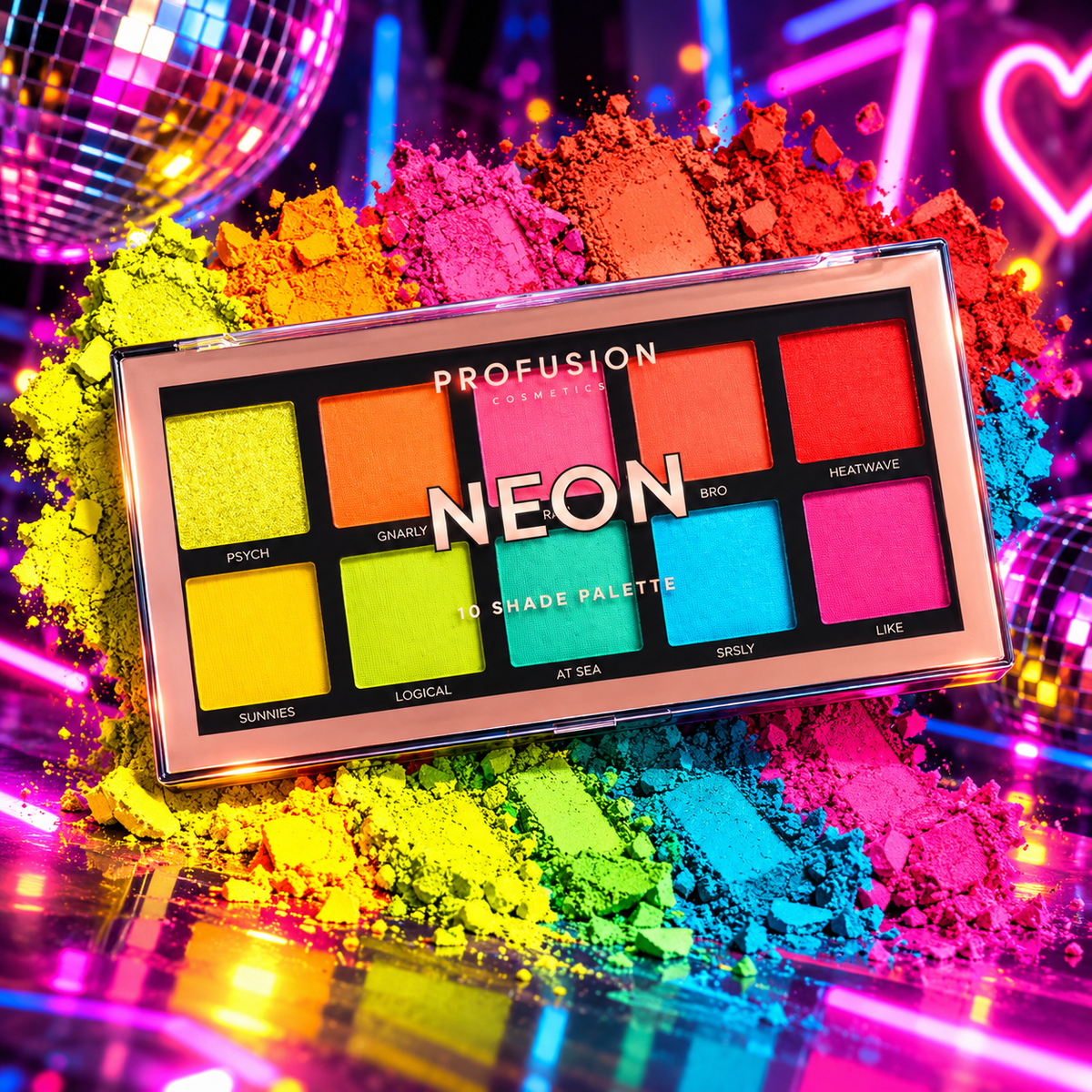 Profusion Neon 10 Shade Eyeshadow Palette featuring vibrant yellow, lime, orange, pink, red, turquoise and blue shades styled for rave and festival makeup