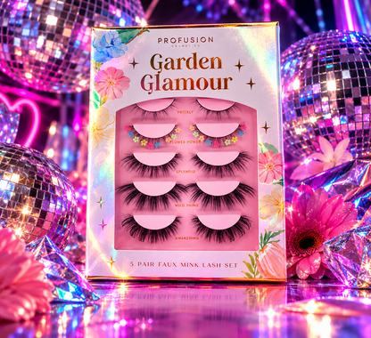 Profusion Petal Perfect Glamour Garden five pair faux mink lash set with floral and dramatic lash styles styled for colourful rave makeup
