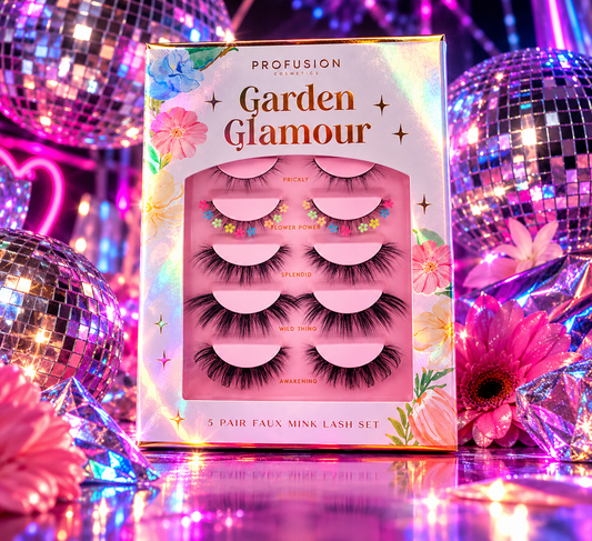 Profusion Petal Perfect Glamour Garden five pair faux mink lash set with floral and dramatic lash styles styled for colourful rave makeup