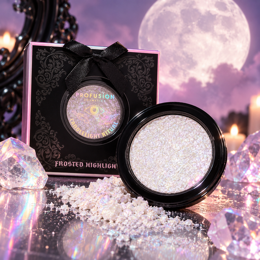 Profusion Rituals Candlelight Frosted Highlighter in Full Moon styled with icy shimmer and mystical neon lighting for rave makeup
